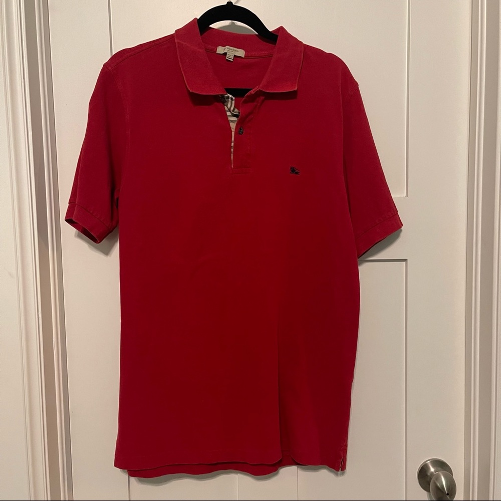 Burberry size small red polo shirt. Nova check accents. Luxury. Golf.